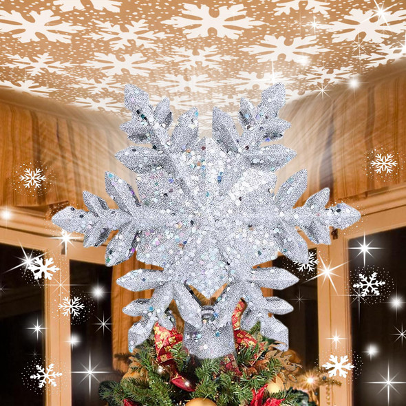 Christmas Tree Topper Lighted, Christmas Star Tree Topper LED Rotating Lights, 3D Silver Snowflake Star Tree Top Glitter Projector for Indoor Xmas Party Holiday Decorations