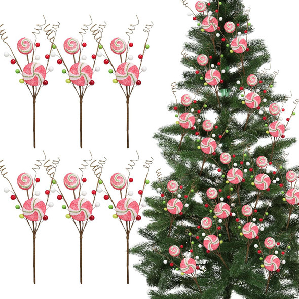 Yinkin 6 Pcs Peppermint Candy Cane Pick Spray Ornament 13 Inches Red Green White Stripe Lollipop Sprays Floral Berry Christmas Picks and Sprays for Christmas Tree Wreath Decoration Home Party Craft