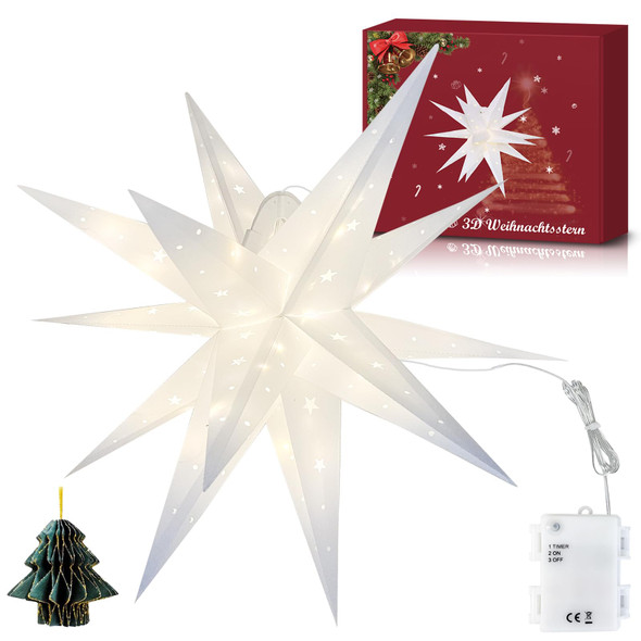 23" 3D Moravian Star Tree Topper -Enhanced LED Christmas Tree Topper Lamp with 100 Lights & Timer Function, Moravian Lighted Star Used To Decorate Christmas Trees, parties,Courtyards,events