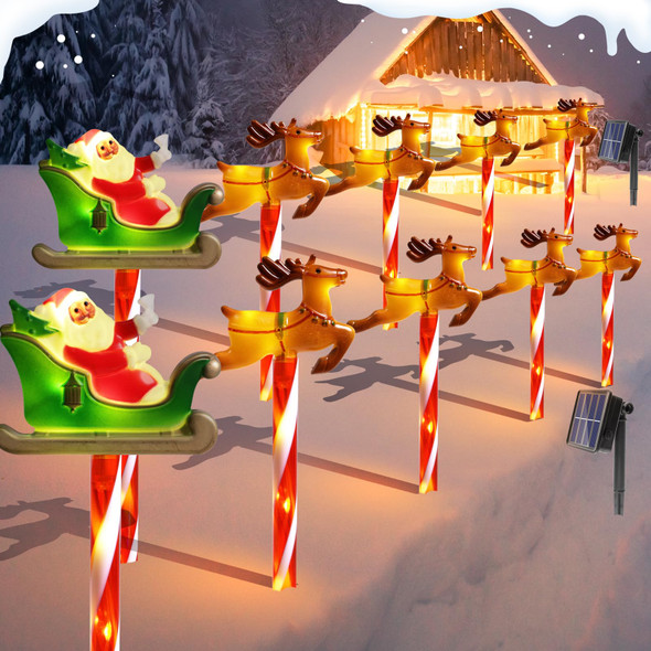 10 Pcs Solar Christmas Pathway Lights, Xmas Garden Stake Lights Decorations, Lighted Santa Claus Reindeer Outdoor Decorative Figurine Lights, Warm White LED Landscape Lighting for Patio Yard