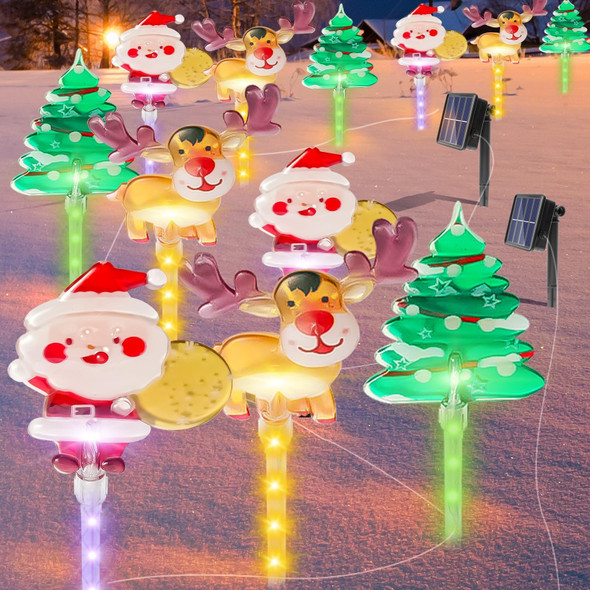 12 Pcs Solar Christmas Pathway Lights, Xmas Garden Stake Lights Outdoor Decorations, Lighted Figurine Lights of Snowman, Santa, Reindeer, 8 Modes, Walkway Entrance Lawn Yard Decor