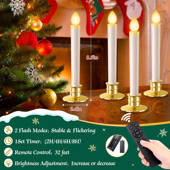 Christmas Window Candles Lights 6 Pack Battery Operated Candles with Remote Control Timer Gold Holders Flameless Candles LED Candles Christmas Decorations for Window Lights Decor Party Xmas Table Top
