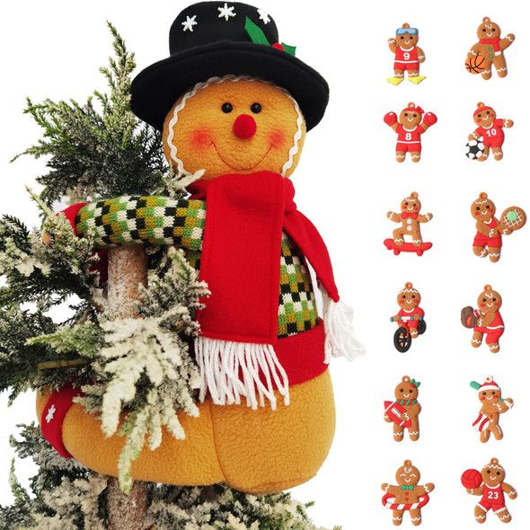 Gingerbread Man Christmas Tree Topper Decorations, Xmas Plush Stuffed Gingerbread Treetop with 12 Pcs Ginger Hanging Ornaments for Christmas Tree Wine Bottle Curtain Ornaments