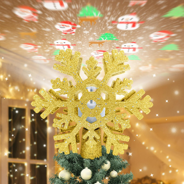 Christmas Tree Topper Lighted 3D Projector Rotating Ambient Lighting, Glitter Snowflake Christmas Star Tree Topper LED for Christmas Decoration (Gold Snowflake)