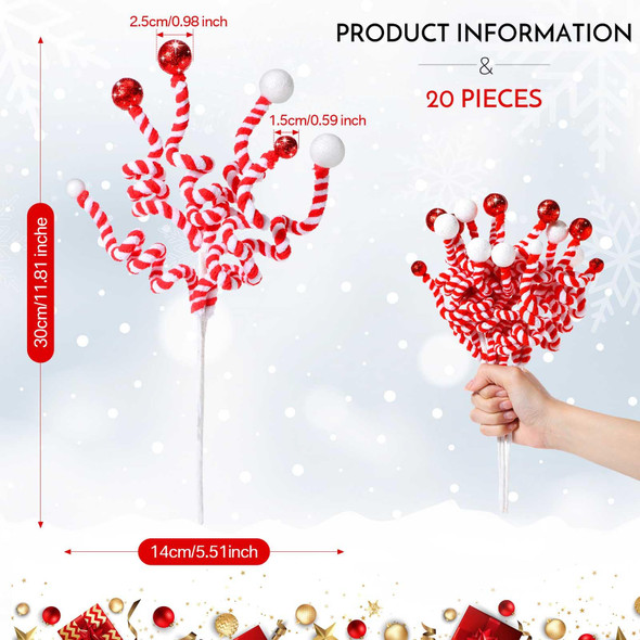 Zeyune 20 Pcs Christmas Tree Decoration Sequins Ball Curly Pick Christmas Glitter Berries Spiral Stem Christmas Tree Ornaments Topper Star Home Office Party Decorations s(Red and White)