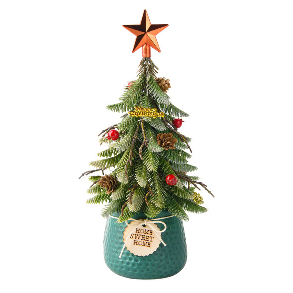 Mini Tabletop Christmas Tree, 14 Inch Artificial Small Xmas Tree with Red Berry, Pine Cone, Fake Greenery for Table Top Office Desk Classroom Room Holiday Christmas Decor(Red Star)