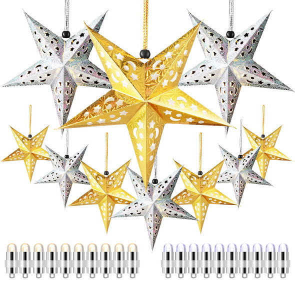 10 Pcs Christmas Paper Star Lantern Lampshade 3D Paper Star Hanging Decoration Star Light Paper Lanterns with 20 LED Party Light for Xmas Independence Day Party Home Decor (Gold, Silver)