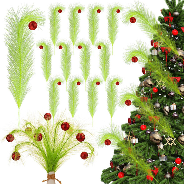 16 Pcs Christmas Tree Topper 17'' Green Pampas Grass Decor With Red Christmas Ball Green Curly Xmas Tree Pick Elf Ornaments Stems for Christmas Tree Topper Home Office Wreath Craft Decorations