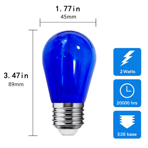 S14 Blue Light Bulb Plastic 2 Watt LED Replacement Bulbs for Indoor Outdoor String Lights, Shatterproof Decorative E26 Base Filament Edison Christmas Halloween Colored Light Bulbs,15 Pack