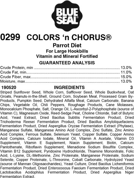 Blue Seal Colors ‘N Chorus Parrot Bird Feed Premium Seeds And Ingredients For A Nutritious And Tasty Diet 4 Pound Bag Blue Seal Colors ‘N Chorus Parrot Bird Feed Premium Seeds And Ingredients For A Nutritious And Tasty Diet 4 Pound Bag
