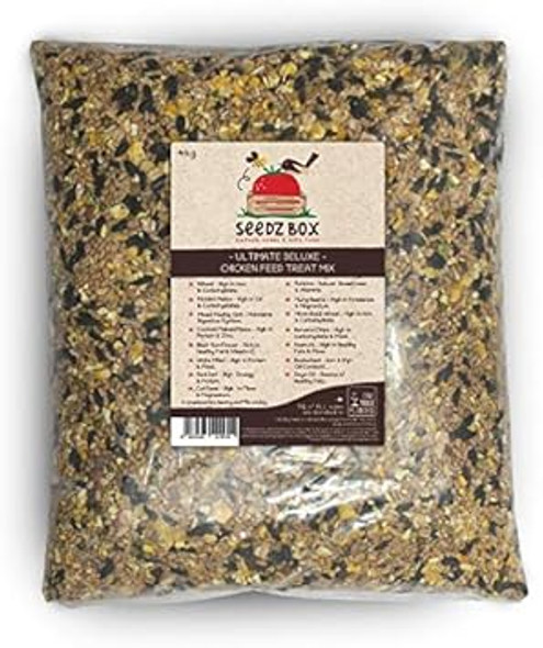 Chicken Food Treat Mix 4Kg - Seedzbox Deluxe Poultry Chicken Feed - Natural Treats For Hens And Roosters - Poultry Grit Millet And Wheat - Encourages Ground Scratching - High In Protein And Fibre