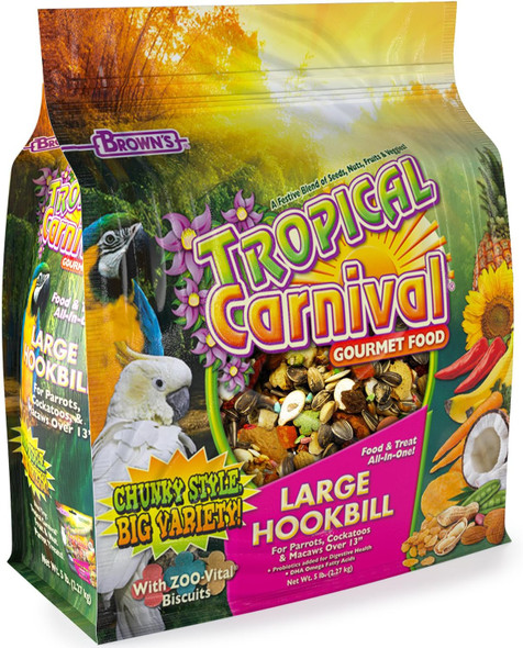 F.M. Brown'S Tropical Carnival Gourmet Large Hookbill Food For Parrots, Cockatoos And Macaws Over 13", 5-Lb Bag - Vitamin-Nutrient Fortified Daily Diet F.M. Brown'S Tropical Carnival Gourmet Large Hookbill Food For Parrots, Cockatoos And Macaws Over 13", 5-Lb Bag - Vitamin-Nutrient Fortified Daily Diet