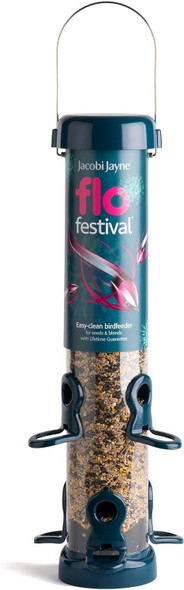 Garden Bird Feeders - Jacobi Jayne® Flo™ Festival Hanging, Easy-Clean Bird Feeder For Sunflower Seeds - Metal Bird Feeder, Blue, Medium Sunflower Heart Feederflf-S2B