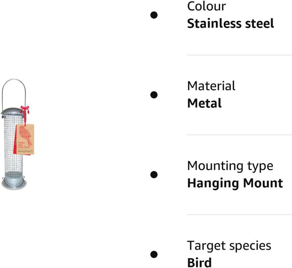 Honeyfields 71484797 Hanging Wild Bird Peanut & Sunflower Hearts Seed Feeder Made Of Brushed Stainless Steel & Heavy Duty For Use In Garden & Outdoors71484797