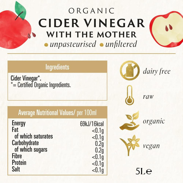 Biona Organic Apple Cider Vinegar With Mother 5 L, 5 Percent Acidity - Raw, Unfiltered & Unpasteurised - Naturally Vegan Biona Organic Apple Cider Vinegar With Mother 5 L, 5 Percent Acidity - Raw, Unfiltered & Unpasteurised - Naturally Vegan
