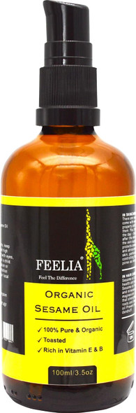 Feelia - Organic Sesame Oil - Cold Pressed, Toasted, Rich In Vitamins & Minerals, Nourishes The Skin, 100% Pure & Organic - 100Ml Feelia - Organic Sesame Oil - Cold Pressed, Toasted, Rich In Vitamins & Minerals, Nourishes The Skin, 100% Pure & Organic - 100Ml