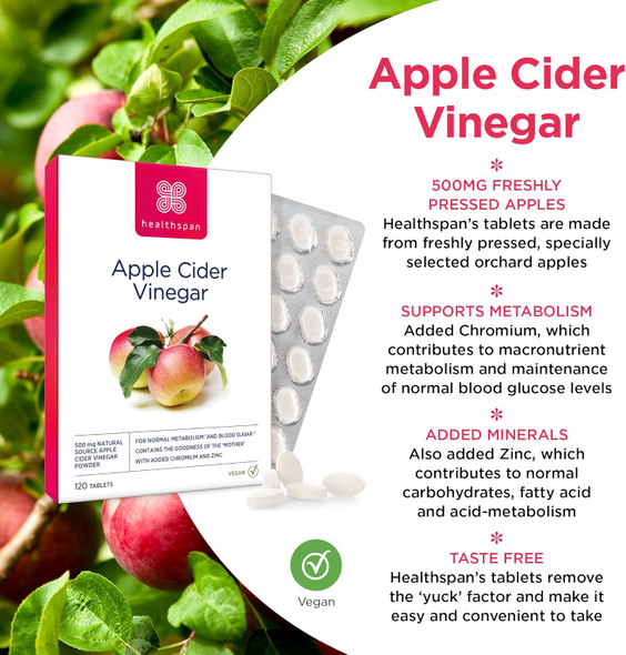 Healthspan Apple Cider Vinegar 500Mg 120 Tablets Friendly Bacteria Metabolism Support Added Zinc & Chromium Vegan Healthspan Apple Cider Vinegar 500Mg 120 Tablets Friendly Bacteria Metabolism Support Added Zinc & Chromium Vegan