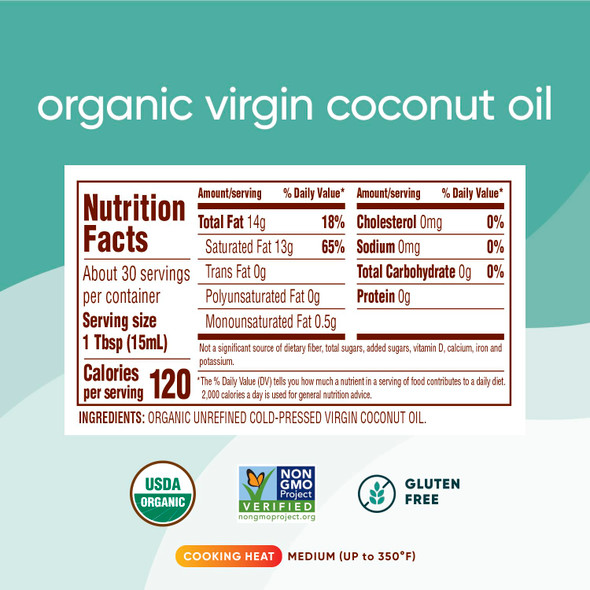 Nutiva Organic Coconut Oil 15 Fl Oz, Cold-Pressed, Fresh Flavor For Cooking, Natural Hair, Skin, Massage Oil And, Non-Gmo, Usda Organic, Unrefined Extra Virgin Coconut Oil (Aceite De Coco)