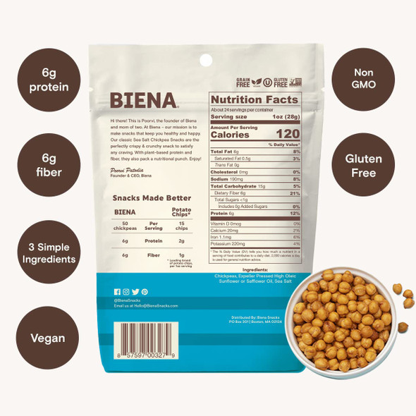 Biena Crispy Roasted Chickpea Snacks, Sea Salt, High Protein Snacks, High Fiber Snacks, Gluten , Plant-Based, Healthy Snacks For Adults And Kids, 8-Pack 5 Ounce Bags