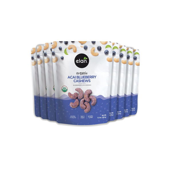 Elan Organic Acai Blueberry Cashews, Non-Gmo, Vegan, Gluten-, Kosher, Glazed Nuts (Roasted Cashews, Acai Berry Powder, Blueberry Juice Powder), Superfood Infused Nuts, 8 Pack Of 5.3 Oz