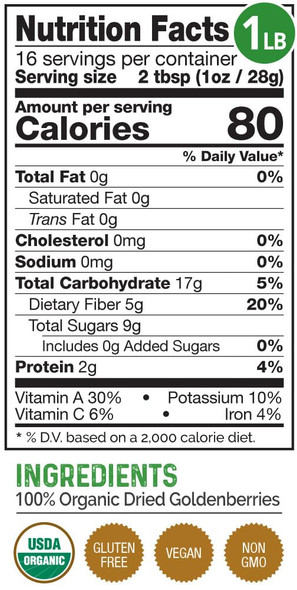 Herbazest Goldenberries Dried Organic - 1 Lb - Usda , Vegan & Gluten  Superfood - Perfect For Snacks, Baked Goods, Yogurt, Cereal & Smoothies
