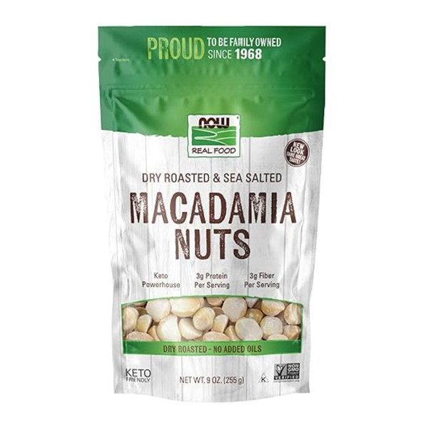 Now Foods, Macadamia Nuts, Dry Roasted With Sea Salt, Source Of Fiber, Gluten- And  Non-Gmo, 9-Ounce (Packa