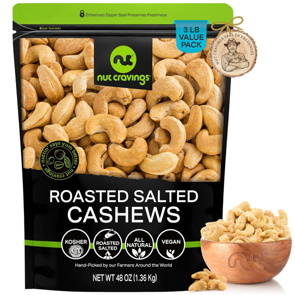 Nut Cravings - Roasted Cashews Slightly Salted - Jumbo, Whole (48Oz - 3 Lb) Packed Fresh In Resealable Bag - Nut Snack - Healthy Protein Food, All Natural, Keto Friendly, Vegan, Kosher