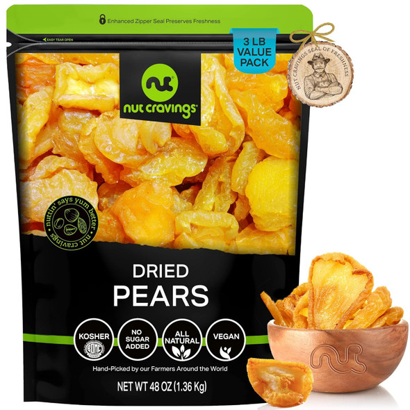 Nut Cravings Dry Fruits - Sun Dried California Pears, No Sugar Added (48Oz - 3 Lb, Bulk) Packed Fresh In Resealable Bag - Sweet Snack, Healthy Food, All Natural, Vegan, Kosher