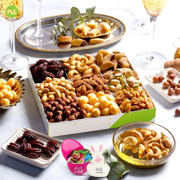 Nut Cravings Gourmet Collection - Easter Candies & Mixed Nuts  Basket With Happy Easter Ribbon (9 Piece Assortment) Candy Filled Egg + Bunny Stuffer, Healthy Kosher Snack Box