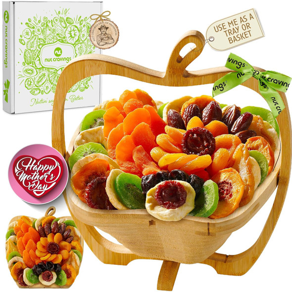 Nut Cravings Gourmet Collection - Mothers Day Dried Fruit Wooden Apple-Shaped  Basket + Tray (9 Assortment) Flower Arrangement Platter With Green Ribbon - Healthy Kosher Usa Made