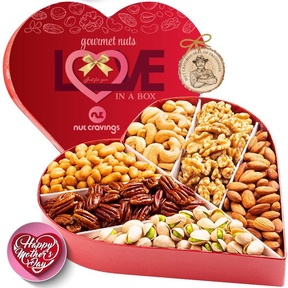 Nut Cravings Gourmet Collection - Mothers Day Mixed Nuts Heart Shaped  Basket, Love In A Box (6 Assortments) Romantic Arrangement Platter, Healthy Kosher Usa Made