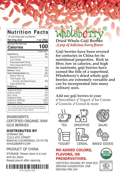 Wholeberry Organic Wolfberry Gouqi Goji Berries 16Oz Raw, Vegan, Gluten  Super Food High In Plant Based Protein, Di