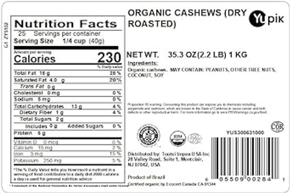 Yupik Dry Nuts, Roasted Organic Cashews, 2.2 Lb, Non-Gmo, Vegan, Gluten-, Pack Of 1