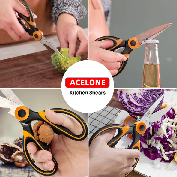 Acelone Kitchen Shears Premium Heavy Duty Shears Ultra Sharp Stainless Steel Multi-Function Kitchen Scissors For Chicken/Poultry/Fish/Meat/Vegetables/Herbs/Bbq… (Orange Black)