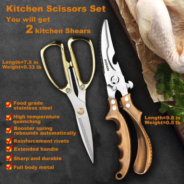 Audami Premium Kitchen Shears 2-Pack Heavy Duty Poultry & Meat Scissors Bone Shears For Cooking