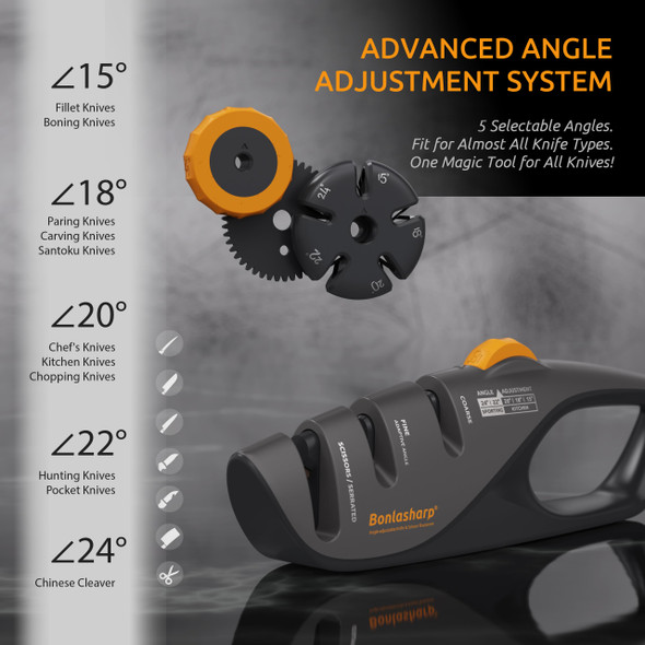 Bonlasharp 5-Angle Adjustable Knife Sharpener For Kitchen Scissors & Pocket Knives – Precision 15°-24° Sharpening Coarse & Fine Slots Non-Slip Base Ergonomic Handle Safe & Easy To Use