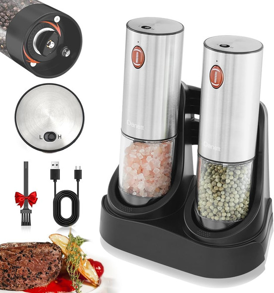 Danett  2Pack Rechargeable Electric Salt And Pepper Grinder Set With Charging Base Portable Automatic Mills Led Light 7-Level Coarseness & 2-Speed Adjustable One-Handed Operation-Exclusive Football Button Danett  2Pack Rechargeable Electric Salt And Pepper Grinder Set With Charging Base Portable Automatic Mills Led Light 7-Level Coarseness & 2-Speed Adjustable One-Handed Operation-Exclusive Football Button