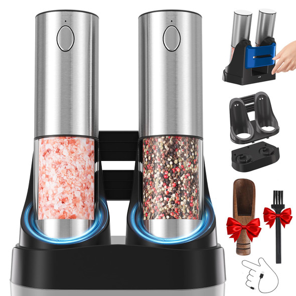 Daslich d Rechargeable Electric Salt And Pepper Grinder Set With Usb Charging Base Adjustable Coarseness 3.2Oz Refillable White Led One-Hand Operation Stainless Steel For Kitchen Bbq Outdoor Use