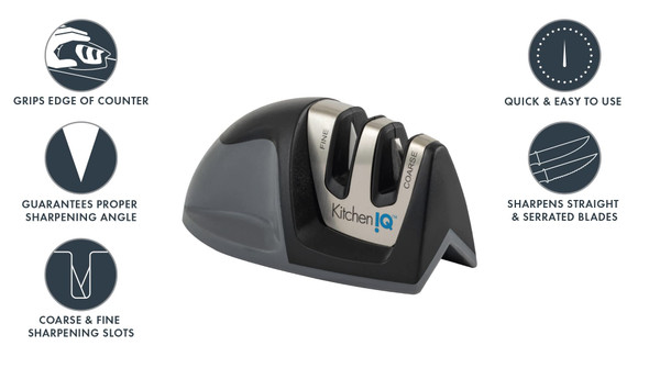 Kitcheniq 50009 Edge Grip 2-Stage Knife Sharpener Black Coarse & Fine Sharpeners Compact For Easy Storage Stable Non-Slip Base Soft Grip Rubber Handle Straight & Serrated Knives