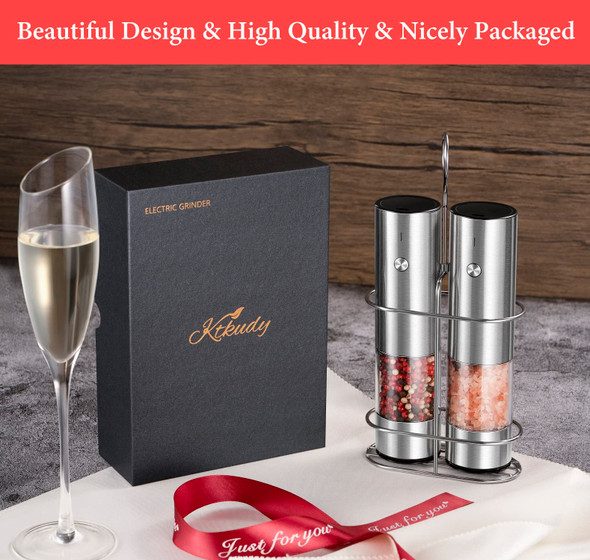 Ktkudy Rechargeable Electric Salt And Pepper Grinder Set With Holder - Nicely Packaged able - No Battery Needed - Automatic Pepper Mill & Adjustable Coarseness & Led Light Refillable - Stainless Steel Ktkudy Rechargeable Electric Salt And Pepper Grinder Set With Holder - Nicely Packaged able - No Battery Needed - Automatic Pepper Mill & Adjustable Coarseness & Led Light Refillable - Stainless Steel