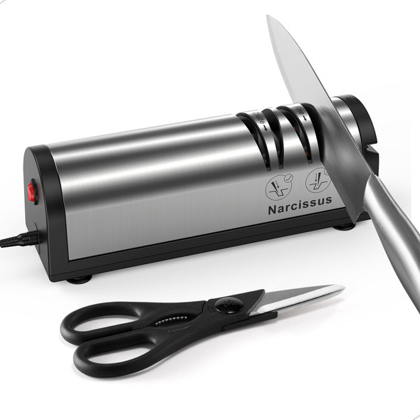 Narcissus Knife Sharpener Professional 2 Stage Electric Knife Sharpener For Quick Sharpening & Polishing With Scissors Sharpener And Metal Dust Collection Box Stainless Steel Silver