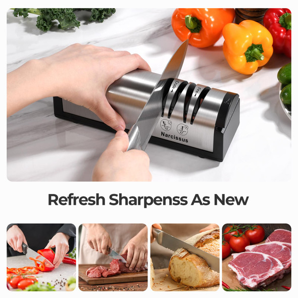 Narcissus Knife Sharpener Professional 2 Stage Electric Knife Sharpener For Quick Sharpening & Polishing With Scissors Sharpener And Metal Dust Collection Box Stainless Steel Silver