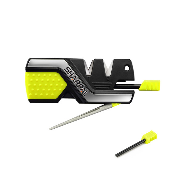 Sharpal 101N-G Kitchen Pocket Knife Sharpener Survival Camping Tool With 2 Fire Starters Ferro Rod Whistle & Diamond Sharpening Rod For Straight And Serrated Blade
