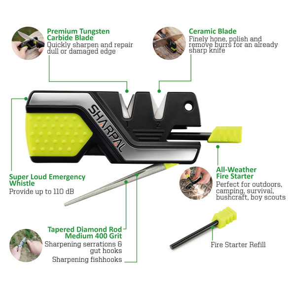 Sharpal 101N-G Kitchen Pocket Knife Sharpener Survival Camping Tool With 2 Fire Starters Ferro Rod Whistle & Diamond Sharpening Rod For Straight And Serrated Blade