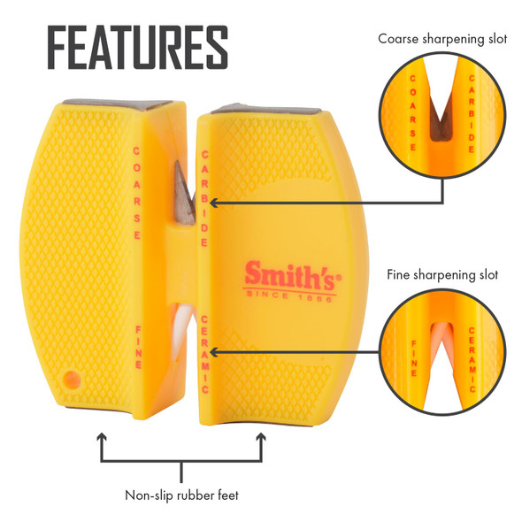 Smith'S Ccks 2-Step Knife Sharpener - Yellow - 2-Step Preset Coarse & Fine Slots - Outdoor Handheld Knife Sharpener - Fishing Hunting Fillet Pocket Knives - Compact Plastic Portable Keychain Tool Smith'S Ccks 2-Step Knife Sharpener - Yellow - 2-Step Preset Coarse & Fine Slots - Outdoor Handheld Knife Sharpener - Fishing Hunting Fillet Pocket Knives - Compact Plastic Portable Keychain Tool