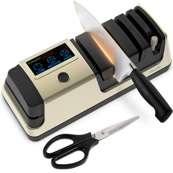 Stellagro Knife Sharpener 5-In-1 Adjustable Speed Lcd Display Professional Electric Knife Sharpener For Quick Sharpening & Polishing Ceramic Rod With Scissors Sharpener Light Gold