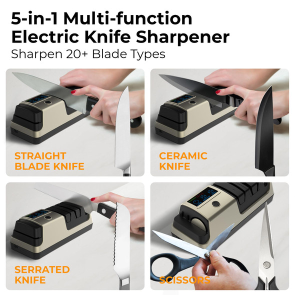 Stellagro Knife Sharpener 5-In-1 Adjustable Speed Lcd Display Professional Electric Knife Sharpener For Quick Sharpening & Polishing Ceramic Rod With Scissors Sharpener Light Gold