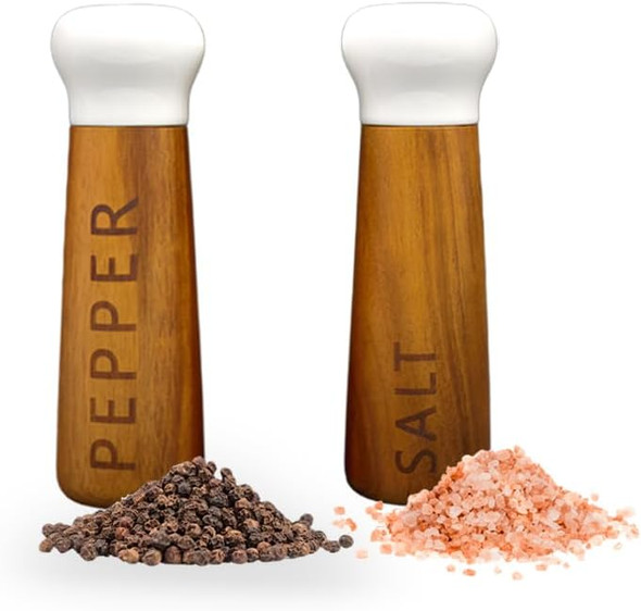 Tessie & Jessie Wooden Salt And Pepper Grinder Set Premium Acacia Wood 8' Elegant Refillable Salt Pepper Mill Salt & Pepper Shakers For Seasoning Stylish  Set (8'+8' White)