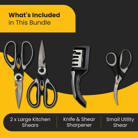 Topshelf Kitchenware Heavy Duty Kitchen Shears With Knife And Scissor Sharpener Tool - Multipurpose Stainless Steel Scissors For Food - Sharp Food-Grade Kitchen Scissor For Meat Seafood Poultry - 4 Piece Set
