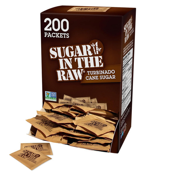 Sugar In The Raw Turbinado Cane Sugar Packets, 200 Count, Natural Sweetener For Drinks And Baking, Vegan, Gluten-, Non-Gmo